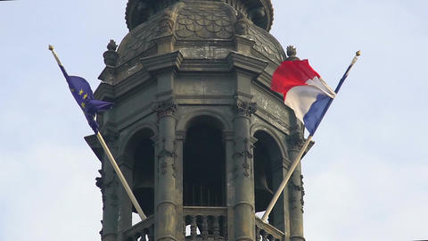 Two flags of EU and France waving in the wind, friendship, patriotism, tourism