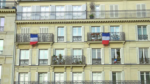 French flags hanging on balconies beautiful building, architecture, patriotism