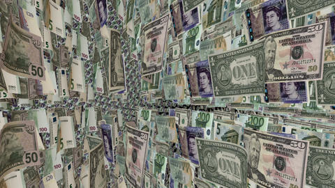 Animation showing a carousel with British Pound, Euro and US Dollar banknotes