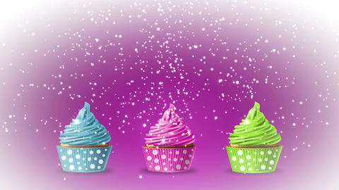 Birthday cupcakes with falling snowflakes on a pink background card