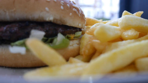 Fast food. Burger and fried potatoes