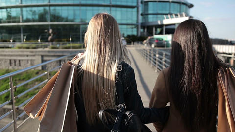 Shopaholic females walking on bridge at sunset