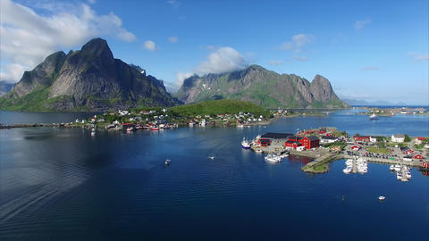 Aerial footage of beautiful town Reine in Norway