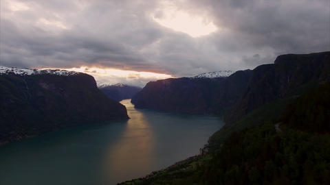 Fjord in Norway viewed from air on cloudy evening