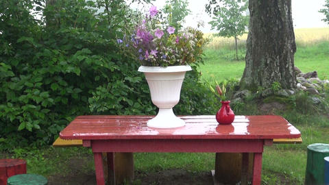 Rain falling on table with cut flowers