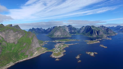 Aerial footage of coastline on Lofoten islands in Norway