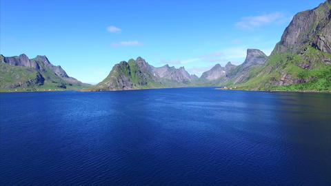 Flying in norwegian fjord on Lofoten islands