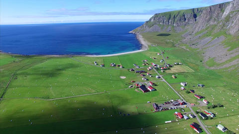 Aerial view of Village Unstad on Lofoten, Norway