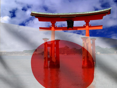 Japanese flag on a background of torii