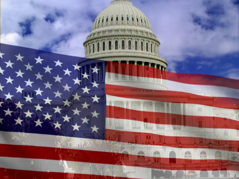 American flag on a background of the white house
