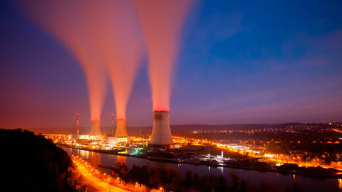 Nuclear Power Station At Night Long Exposure Time Lapse, Zooming In