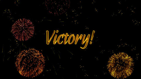Victory Greeting text with particles, colored fireworks, sparks and stars