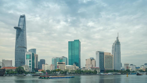 Time lapse of Ho Chi Minh City skyline and the Saigon River on a cloudy day