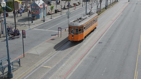 A San Francisco Municipal train pulls up to the wharf