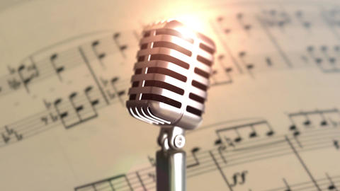 Retro microphone stage. Close up vintage microphone on stage. Old microphone on