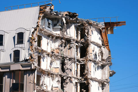 Demolished destructed building ruins