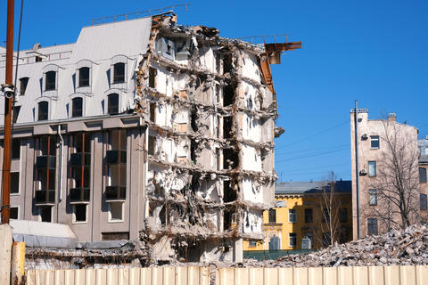 Demolished destructed building ruins