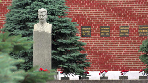 The bust of Joseph Stalin at the Kremlin wall. Red Square. Moscow. 4K