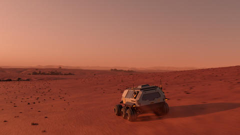 Mars rover with colonists travelling across the surface of Mars