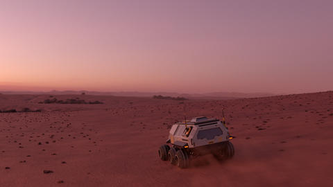 Mars rover with colonists travelling across the surface of Mars at dusk