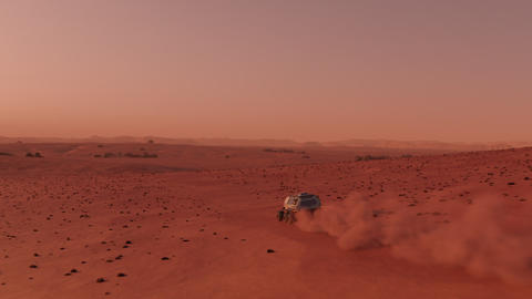 Colonists on Mars rover travelling across the surface of Mars
