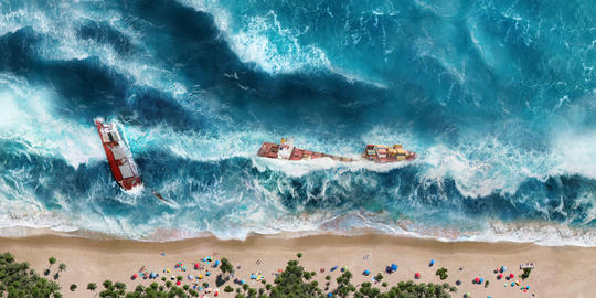 Flood with big tsunami on the beach with tourists in storm and stormy weather