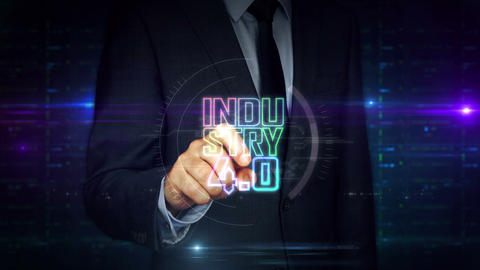 Businessman touch screen with Industry 4.0 hologram
