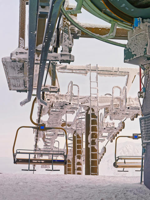 Frozen Chair lift on Kasprowy Wierch peak in Zakopane in winter
