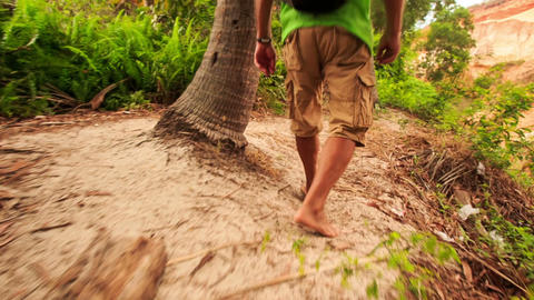 Tourist Feet Go along Path on Hill in Fairy-Stream Park