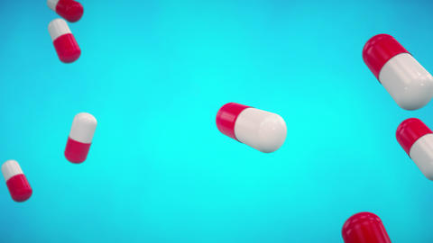 3d animation: Abstract looped background with lots of flying and rotating white — red medical pills
