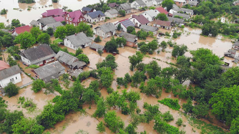 Environmental disaster and climate change. Aerial view river that flooded the