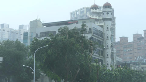 Establishing shot of apartment building and trees in typhoon