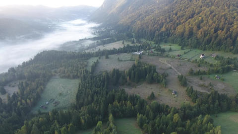 Aerial shot of montains, morning sunrise view, Red lake, Bicaz, Romania