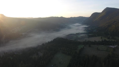 Aerial shot of montains, morning sunrise view, Red lake, Bicaz, Romania