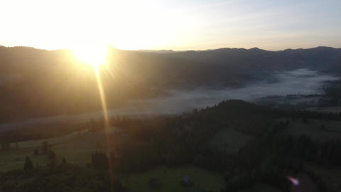 Aerial shot of montains, morning sunrise view, Red lake, Bicaz, Romania