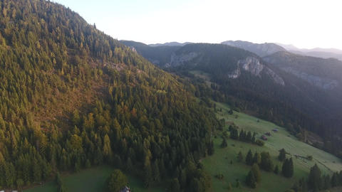 Aerial shot of montains, morning sunrise view, Red lake, Bicaz, Romania