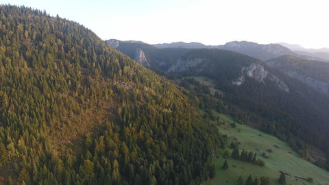 Aerial shot of montains, morning sunrise view, Red lake, Bicaz, Romania