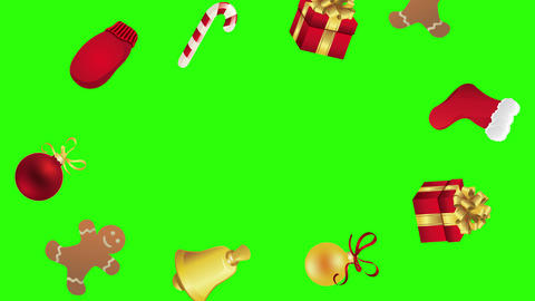 Decorative Christmas elements animation group on green screen chroma key