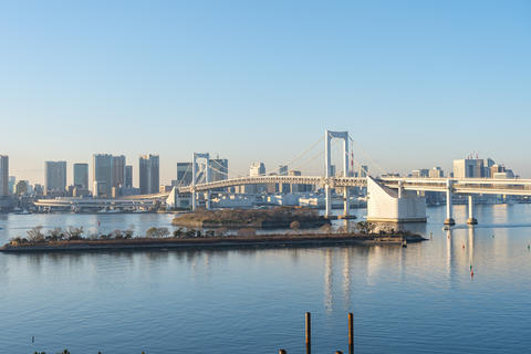 Tokyo bay with view of Rainbow Bridge in Tokyo city, Japan
