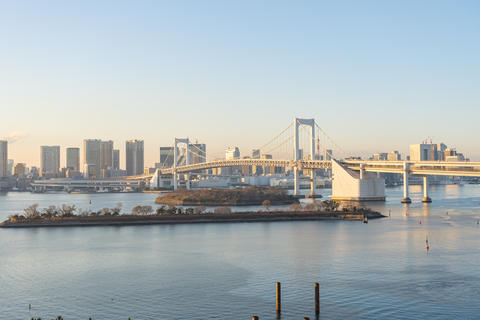 View of Rainbow Bridge from Odaiba in Tokyo city, Japan