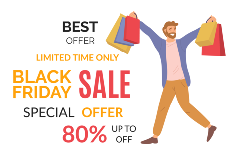 Announcement of an eighty percent discount. Guy shopping on sale with colorful