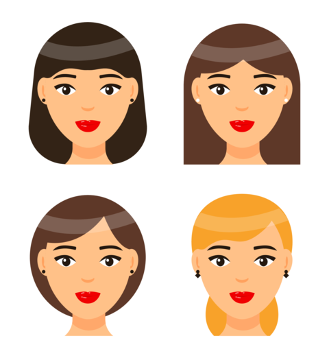 Set of women with different haircuts or hairstyles, cartoon character heads