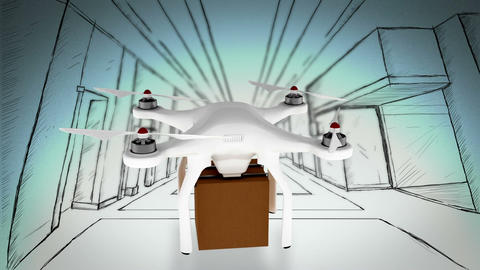 Digital image of drone holding cardboard box and flying