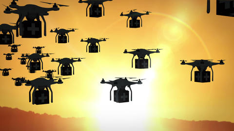 Digital image of silhouettes drone holding boxes and flying