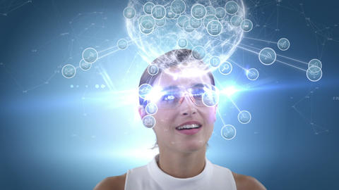 Smiling woman is using futuristic glasses