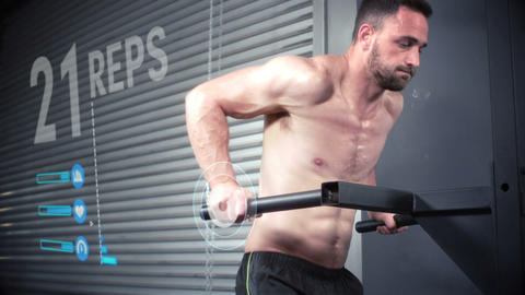 Bodybuilder performing parallel-bar dips against animated background