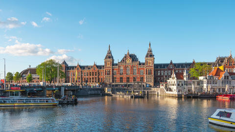 Amsterdam city skyline with Centraal Station in Amsterdam, Netherlands