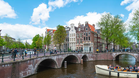 Dutch old buildings with Amsterdam city skyline in Netherlands