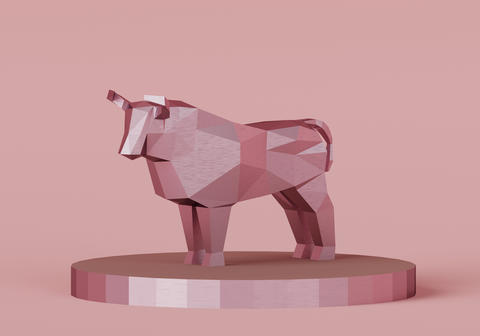 low poly polygonal Metallic Pink Bull on a cylindrical stand, a symbol of the new year 2021