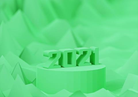 Green cylindrical stand with number 2021, new year concept, 3d render